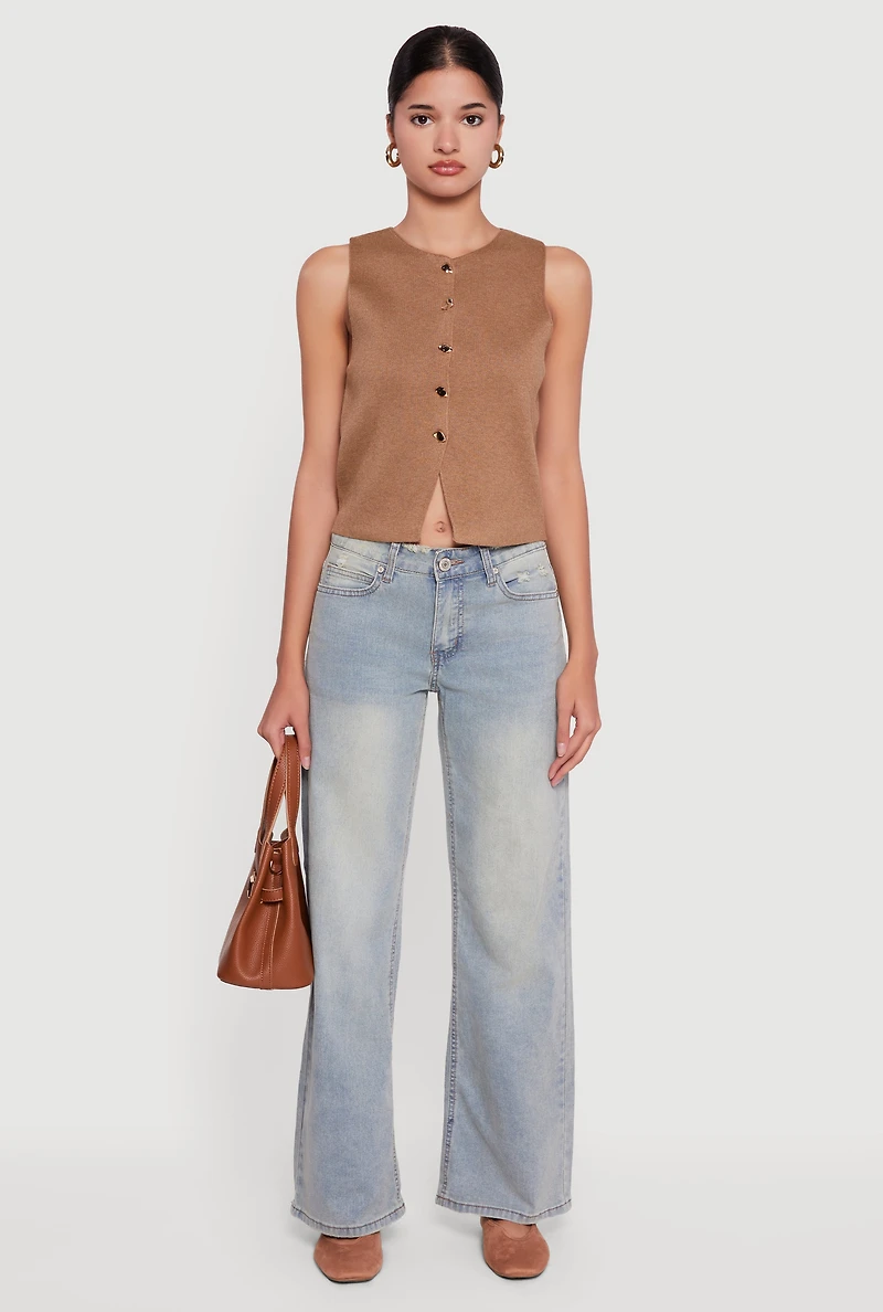 Womens VIP Mineral Wash Frayed Wide Leg Jeans, Blue, Size 15