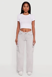 Womens VIP Mineral Wash Frayed Cargo Jeans, Grey, Size 3-4