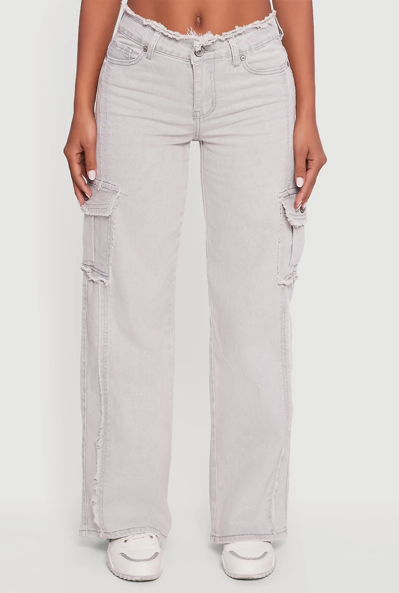 Womens VIP Mineral Wash Frayed Cargo Jeans, Grey,