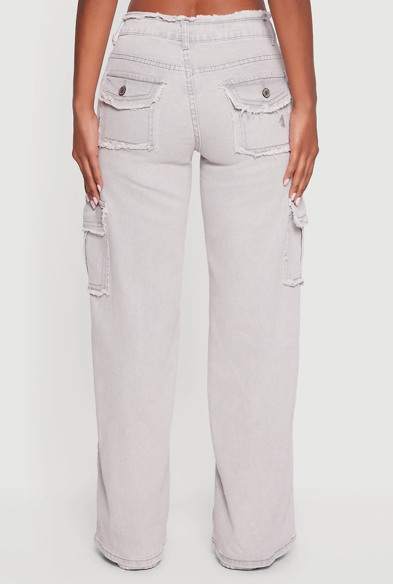 Womens VIP Mineral Wash Frayed Cargo Jeans, Grey,