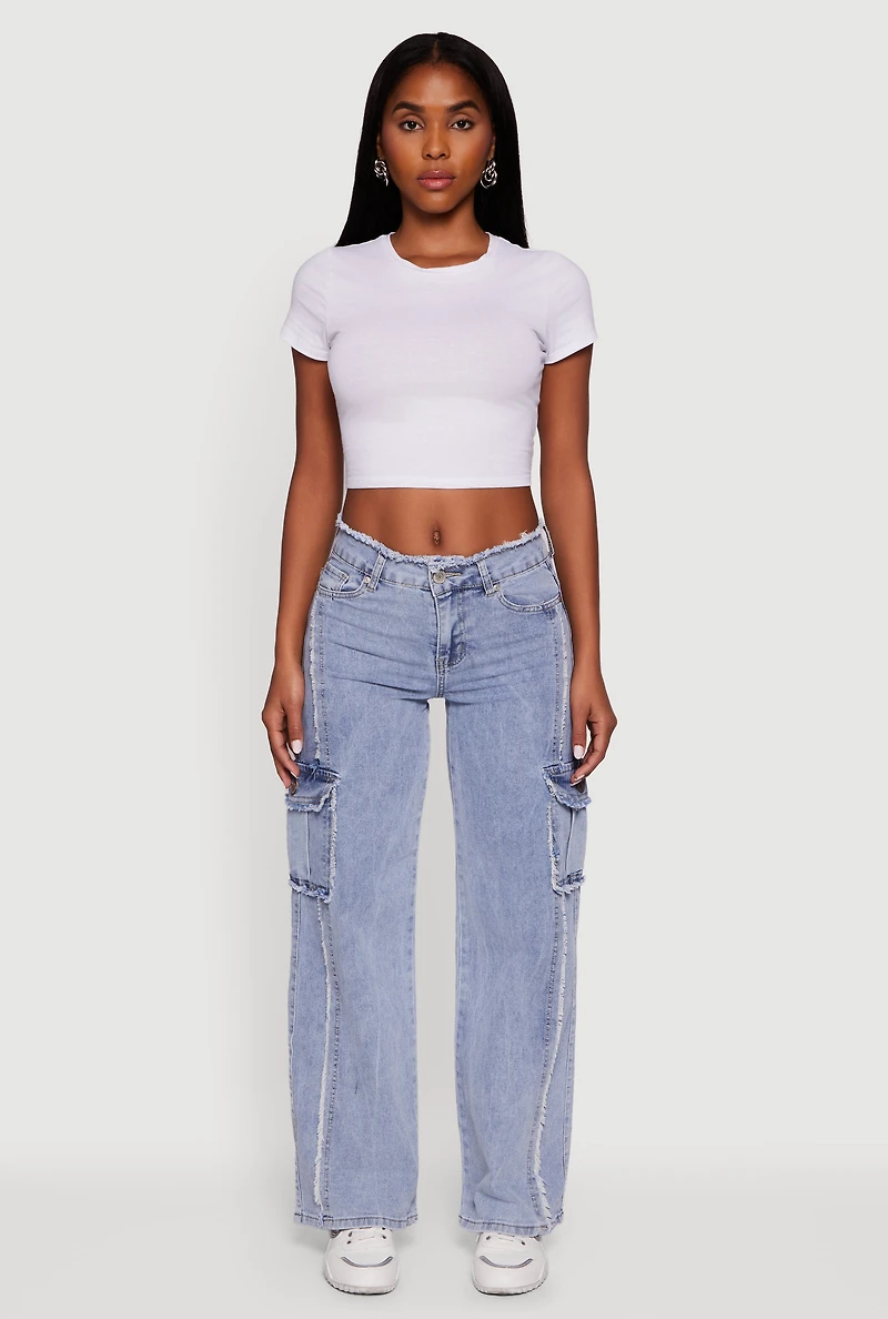 Womens VIP Acid Wash Frayed Cargo Jeans, Blue, Size 11-12