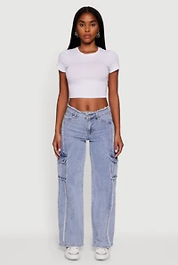 Womens VIP Acid Wash Frayed Cargo Jeans, Blue, Size 11-12