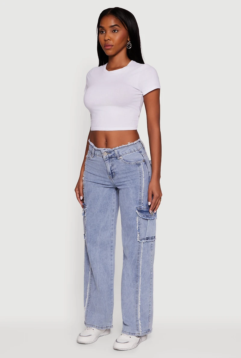 Womens VIP Acid Wash Frayed Cargo Jeans, Blue, Size 11-12