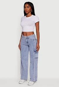 Womens VIP Acid Wash Frayed Cargo Jeans, Blue, Size 11-12