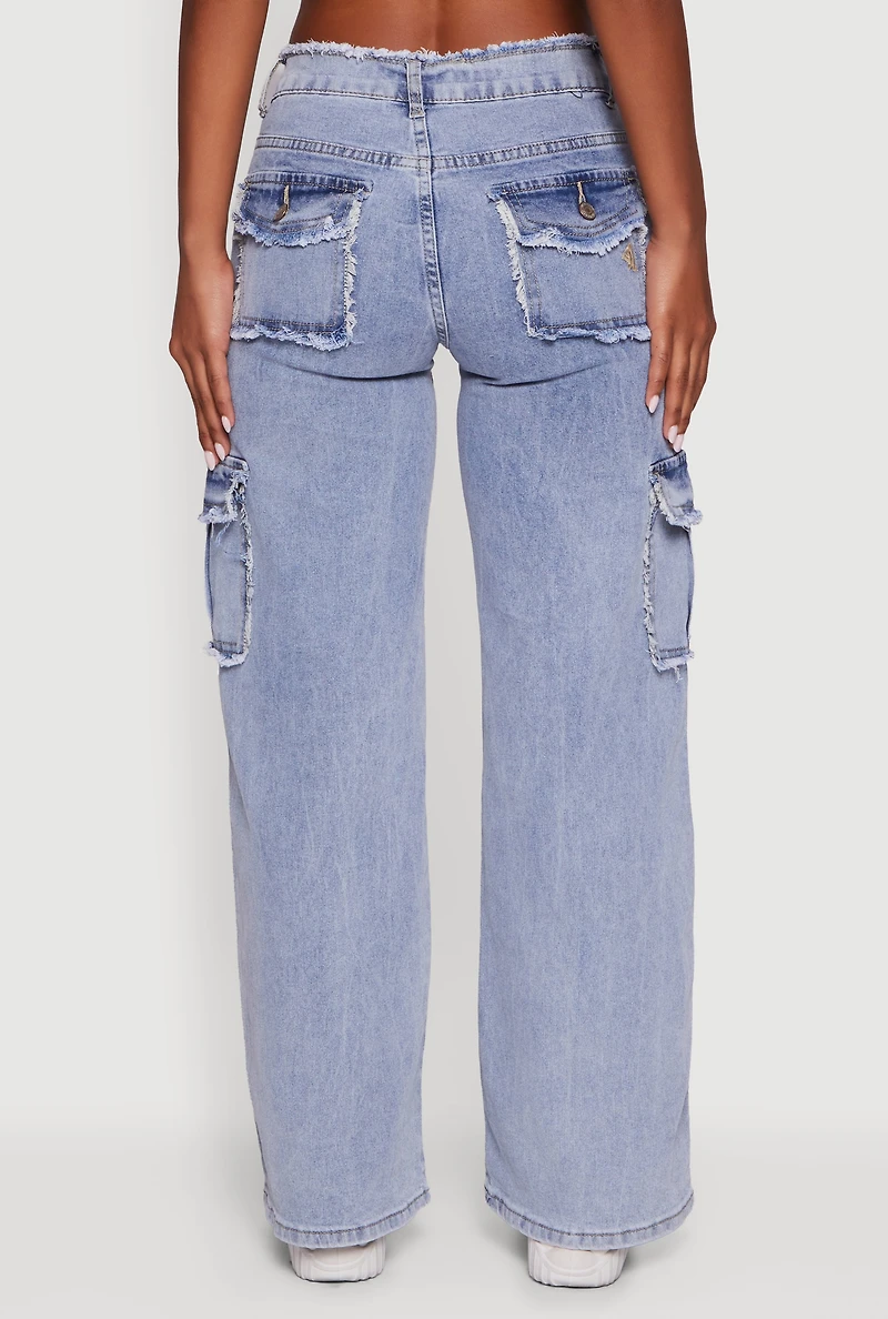 Womens VIP Acid Wash Frayed Cargo Jeans, Blue, Size 11-12