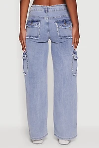 Womens VIP Acid Wash Frayed Cargo Jeans, Blue, Size 11-12
