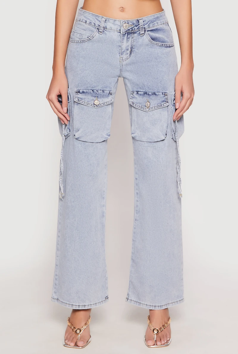 Womens VIP Acid Wash Cargo Pocket Jeans,