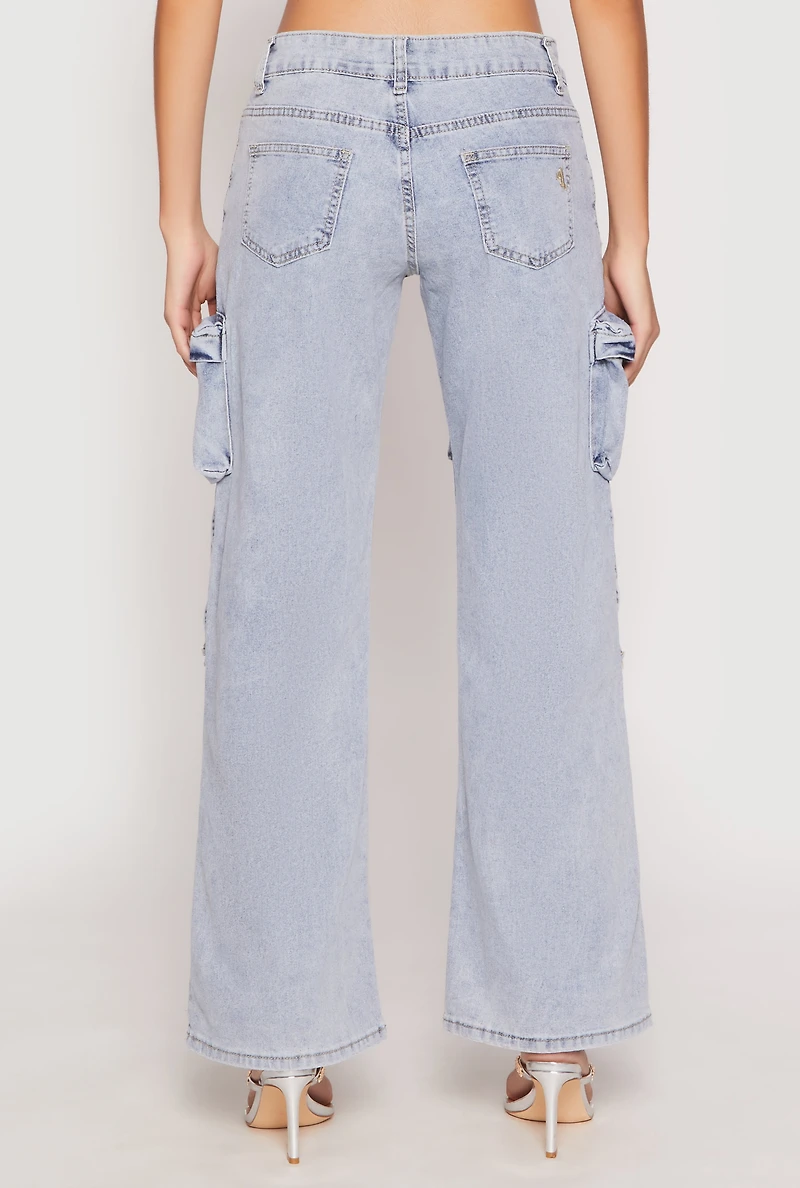 Womens VIP Acid Wash Cargo Pocket Jeans,