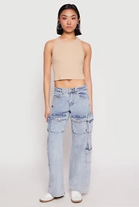 Womens VIP Acid Wash Cargo Pocket Jeans, Blue, Size 9-10