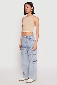Womens VIP Acid Wash Cargo Pocket Jeans, Blue, Size 9-10