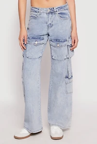 Womens VIP Acid Wash Cargo Pocket Jeans, Blue, Size 9-10