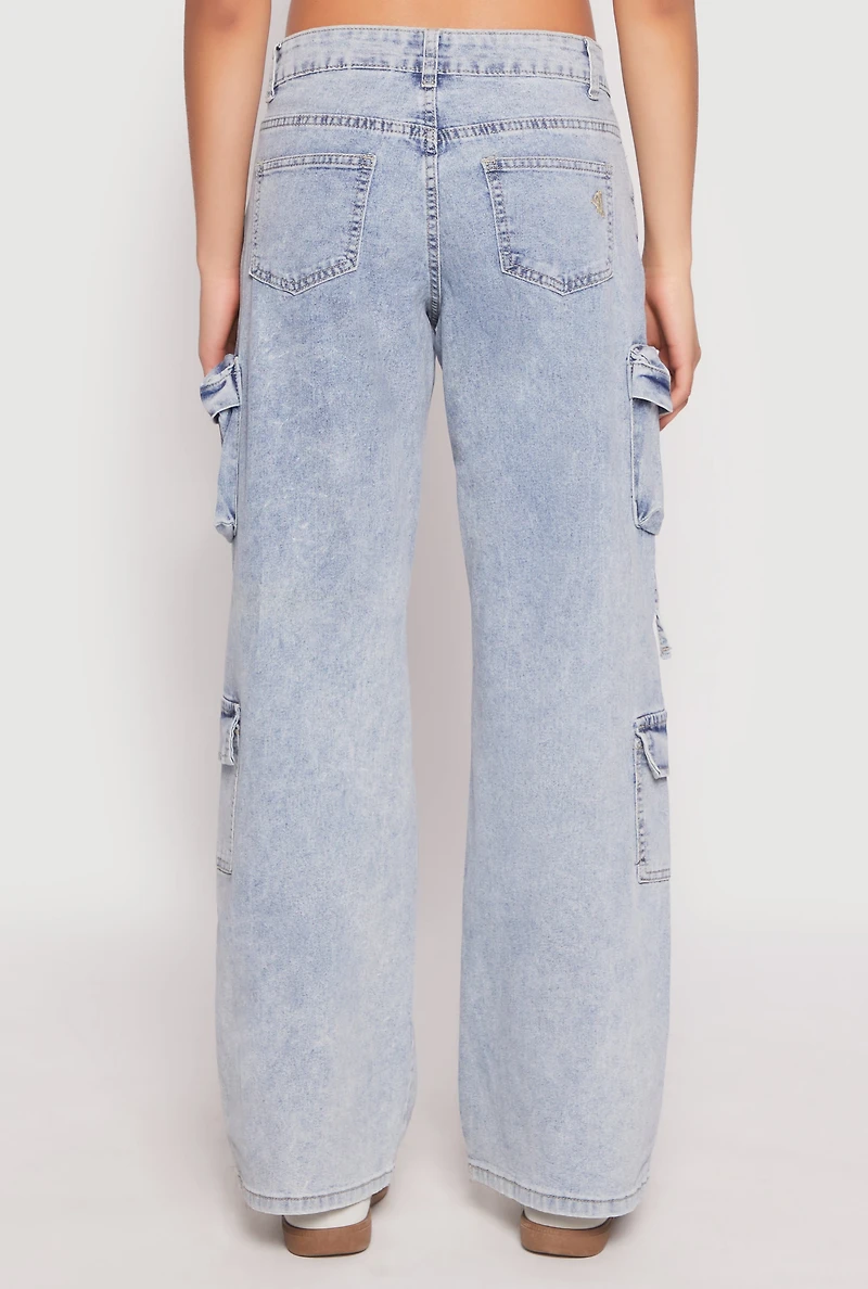 Womens VIP Acid Wash Cargo Pocket Jeans, Blue, Size 9-10