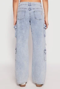 Womens VIP Acid Wash Cargo Pocket Jeans, Blue, Size 9-10