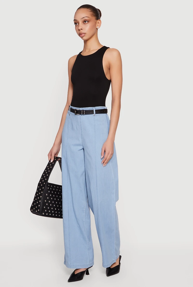 High Waisted Wide Leg Chambray Pants