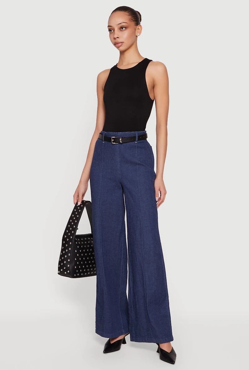 High Waisted Wide Leg Chambray Pants