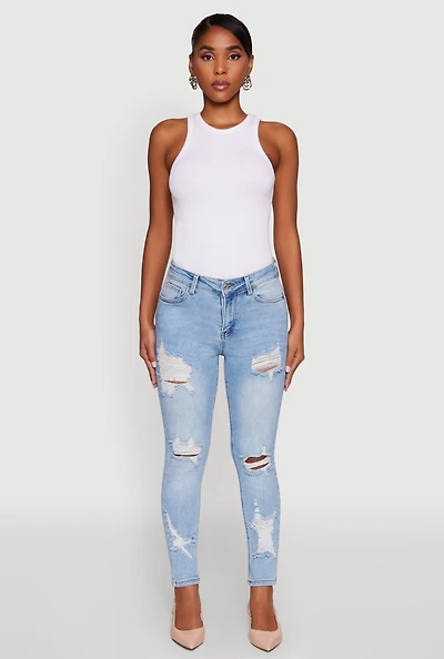 Womens WAX Ripped Rolled Cuff Skinny Jeans, Blue,