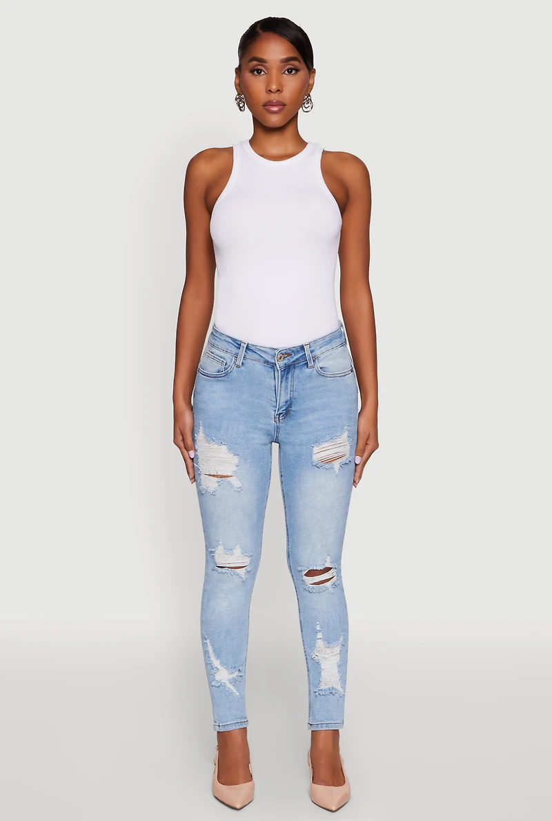 Womens WAX Ripped Rolled Cuff Skinny Jeans, Blue,
