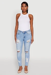 Womens WAX Ripped Rolled Cuff Skinny Jeans, Blue,