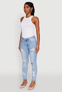 Womens WAX Ripped Rolled Cuff Skinny Jeans, Blue,