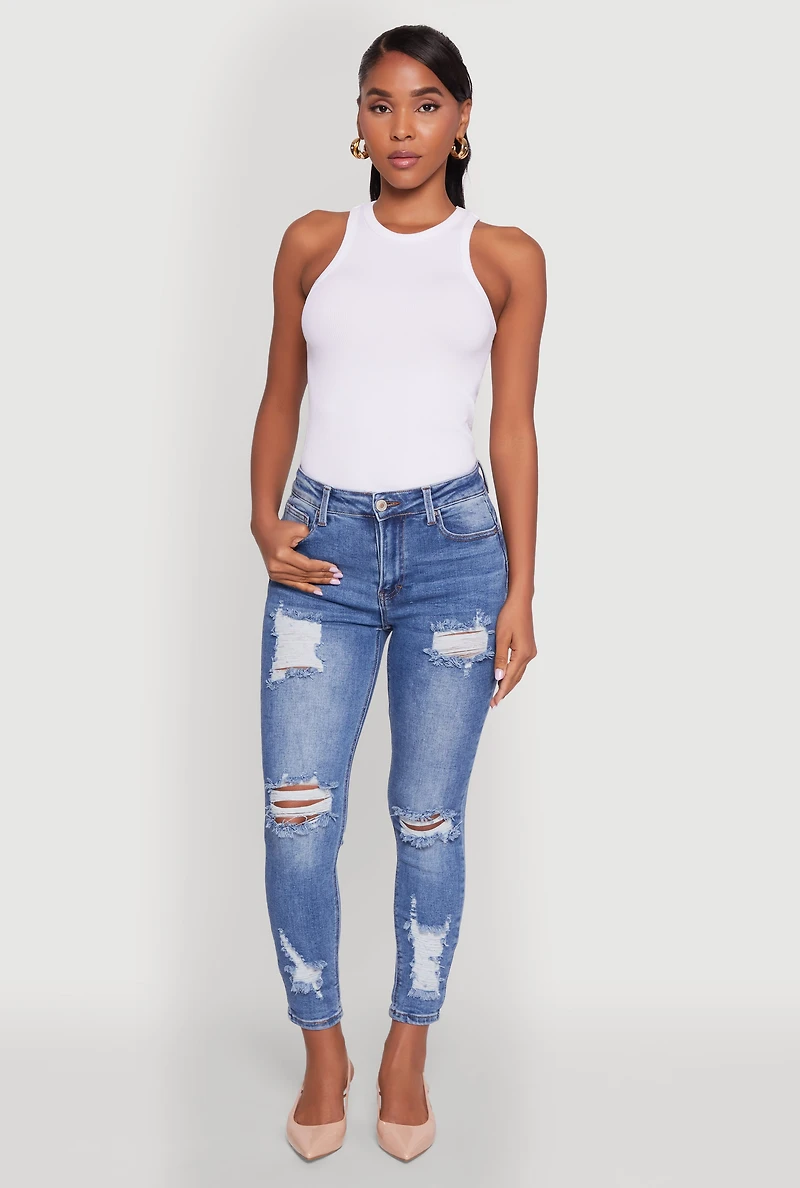 Womens WAX Ripped Rolled Cuff Skinny Jeans, Blue,