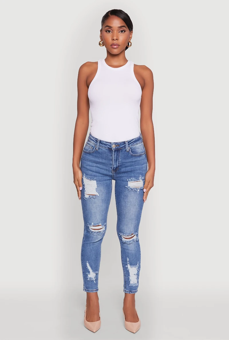 Womens WAX Ripped Rolled Cuff Skinny Jeans, Blue,