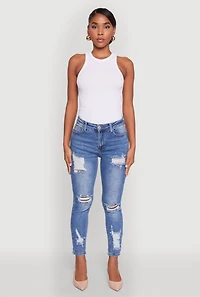 Womens WAX Ripped Rolled Cuff Skinny Jeans, Blue,