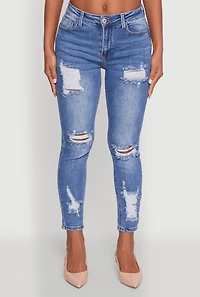 Womens WAX Ripped Rolled Cuff Skinny Jeans, Blue,