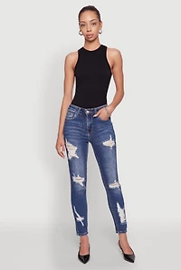 Womens WAX Ripped Rolled Cuff Skinny Jeans, Blue,