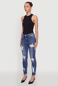 Womens WAX Ripped Rolled Cuff Skinny Jeans, Blue,