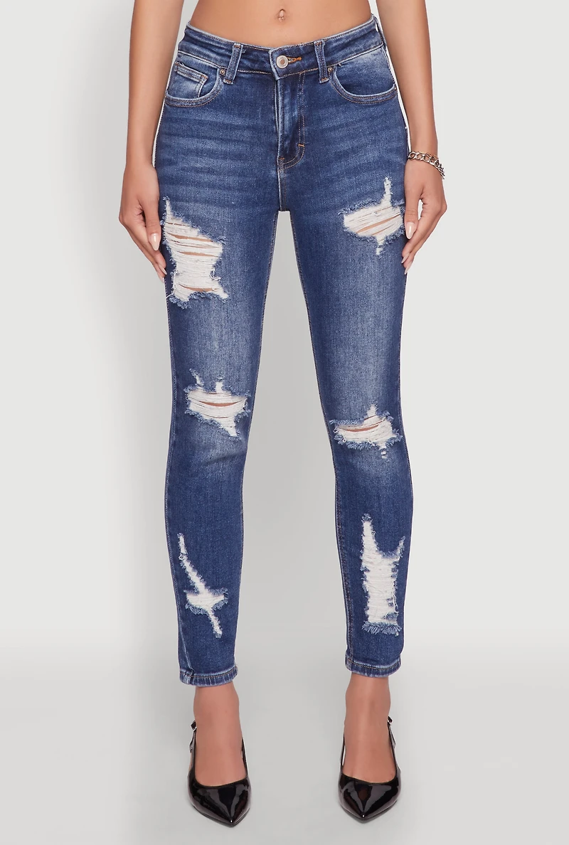 Womens WAX Ripped Rolled Cuff Skinny Jeans, Blue,
