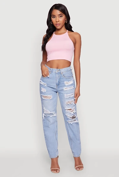 WAX Slim Leg Striped Patch Distressed Denim Jeans