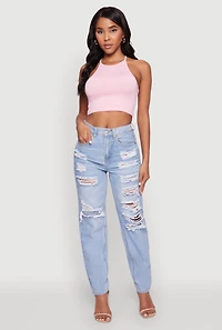 WAX Slim Leg Striped Patch Distressed Denim Jeans