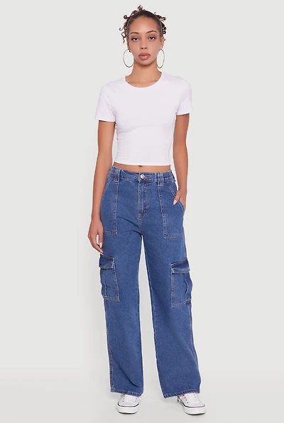 Womens WAX Wide Leg Cargo Jeans, Blue, Size M