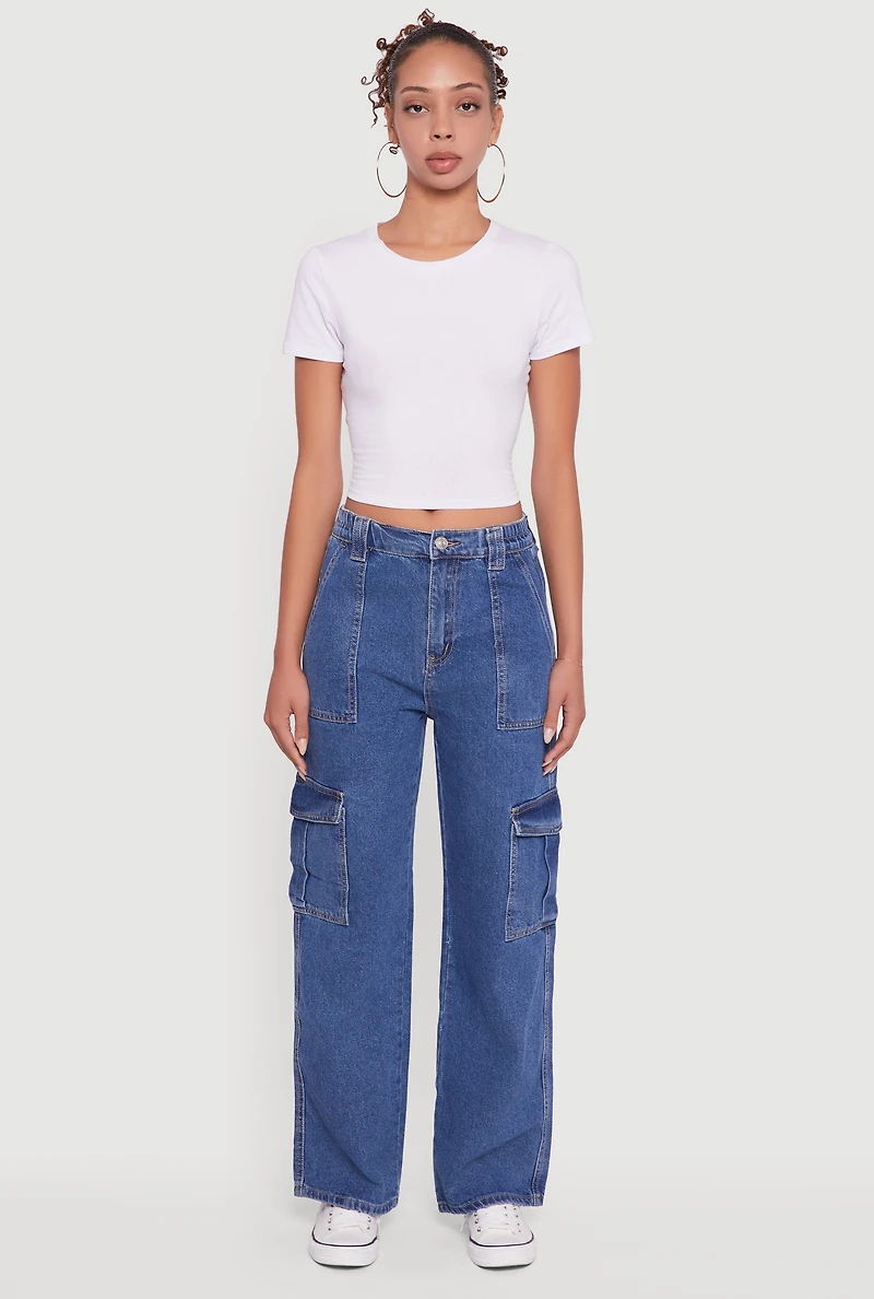 Womens WAX Wide Leg Cargo Jeans, Blue, Size M