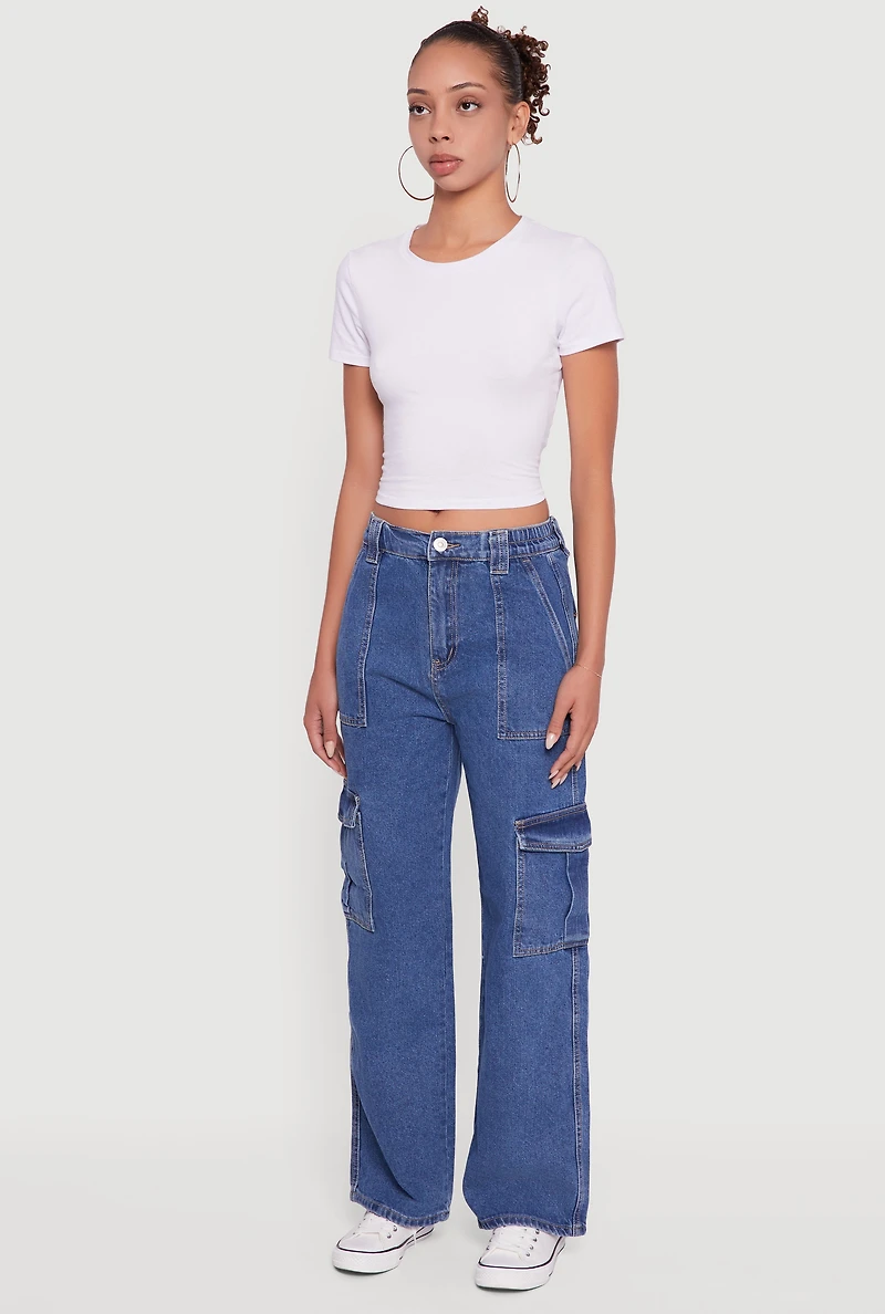 Womens WAX Wide Leg Cargo Jeans, Blue, Size M