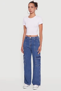 Womens WAX Wide Leg Cargo Jeans, Blue, Size M