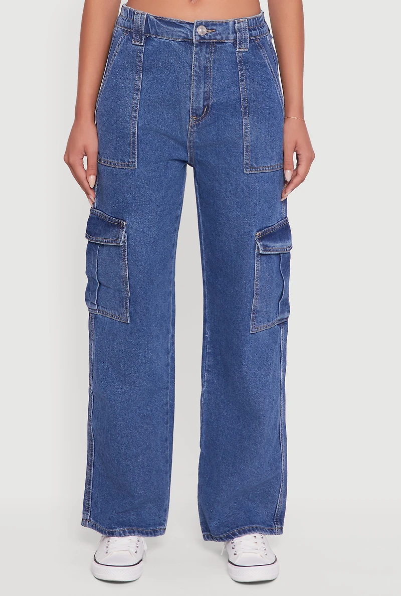 Womens WAX Wide Leg Cargo Jeans, Blue, Size M