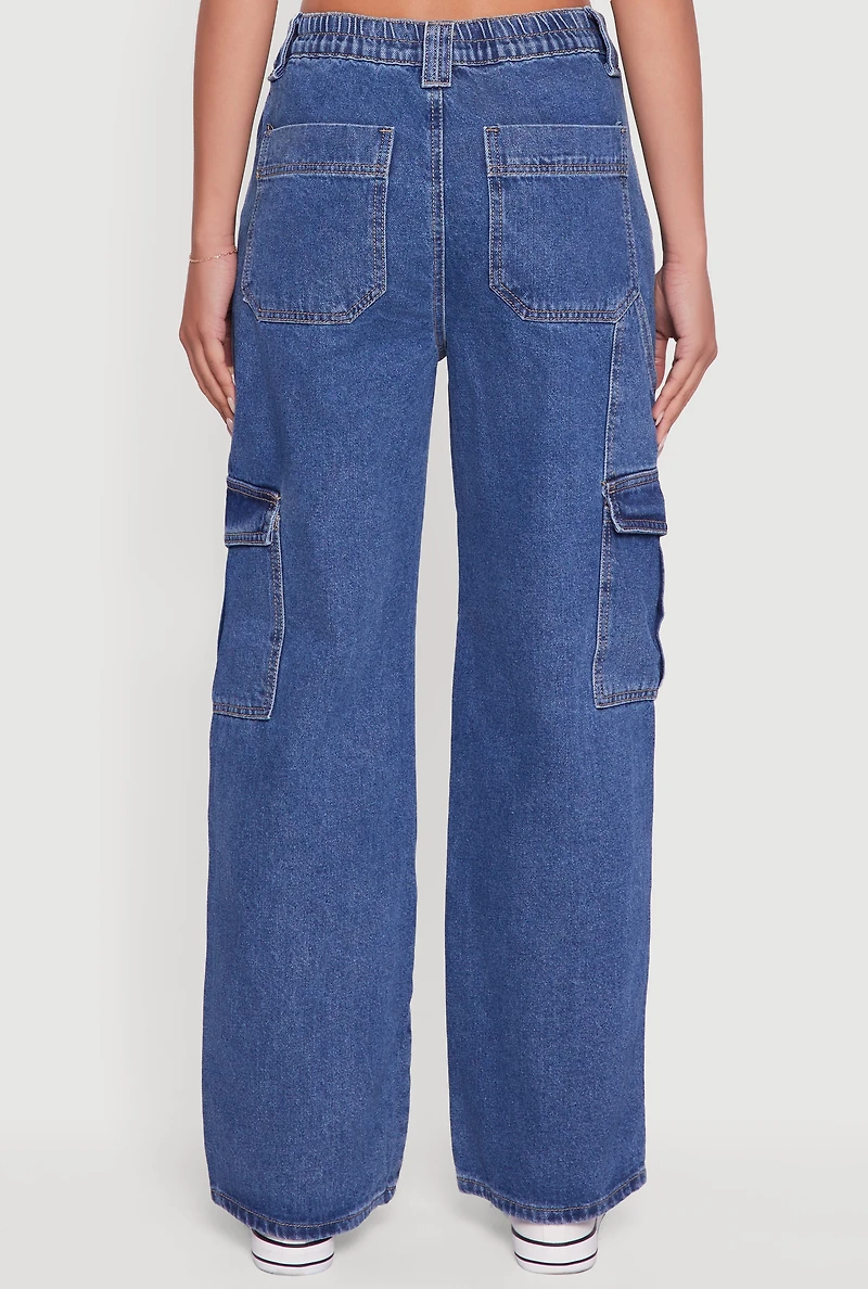Womens WAX Wide Leg Cargo Jeans, Blue, Size M