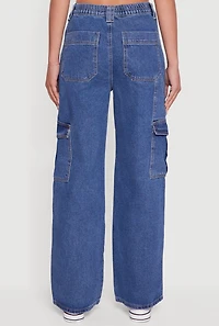 Womens WAX Wide Leg Cargo Jeans, Blue, Size M