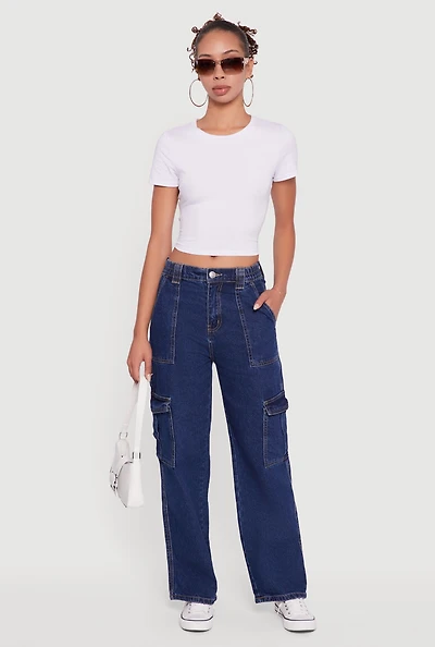 Womens WAX Wide Leg Cargo Jeans, Blue, Size M