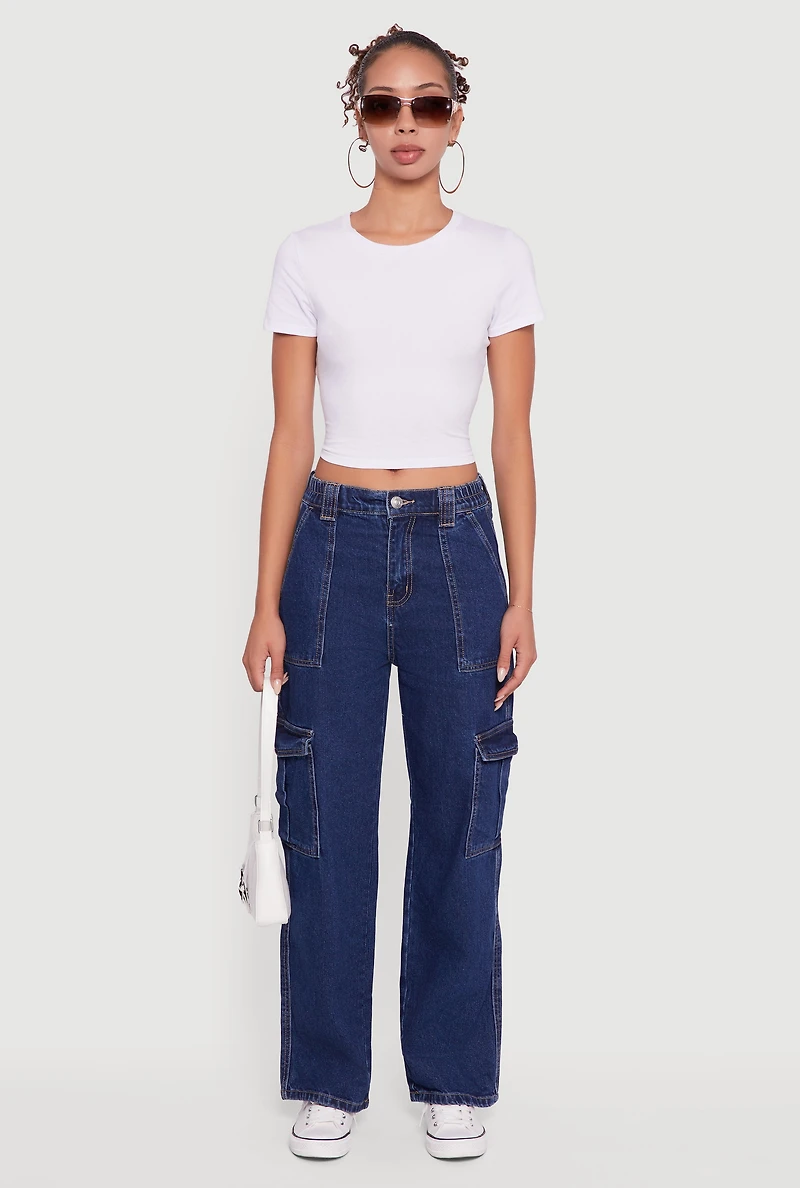 Womens WAX Wide Leg Cargo Jeans, Blue, Size S