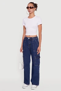 Womens WAX Wide Leg Cargo Jeans, Blue,