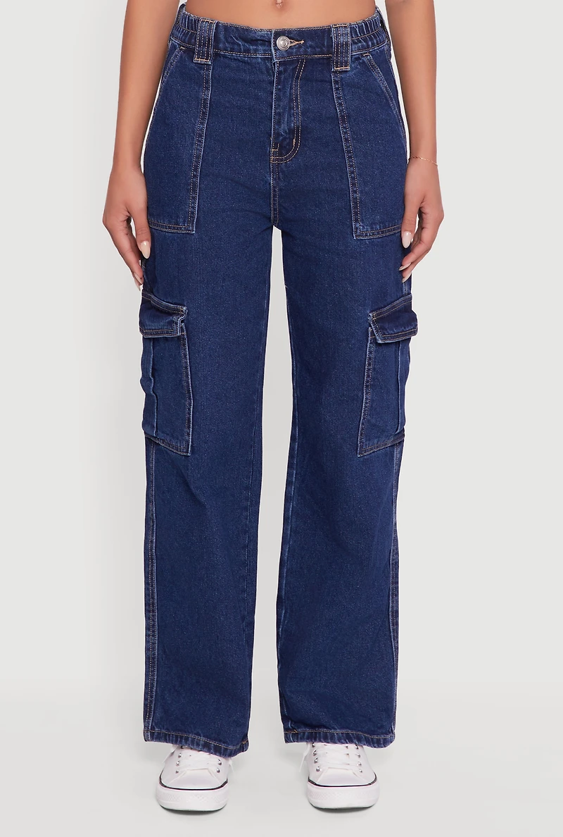 Womens WAX Wide Leg Cargo Jeans, Blue,