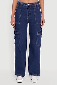 Womens WAX Wide Leg Cargo Jeans, Blue,