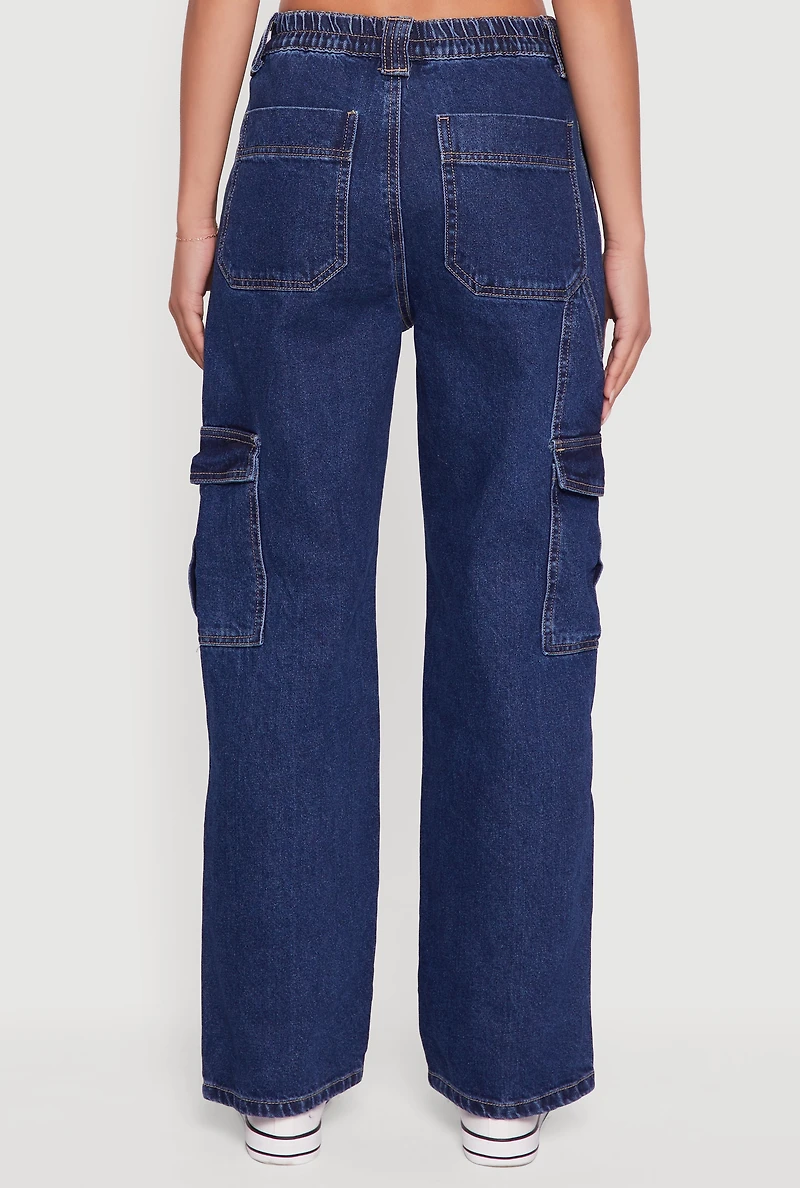 Womens WAX Wide Leg Cargo Jeans, Blue, Size S