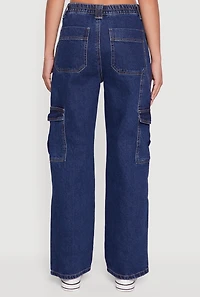 Womens WAX Wide Leg Cargo Jeans, Blue, Size S