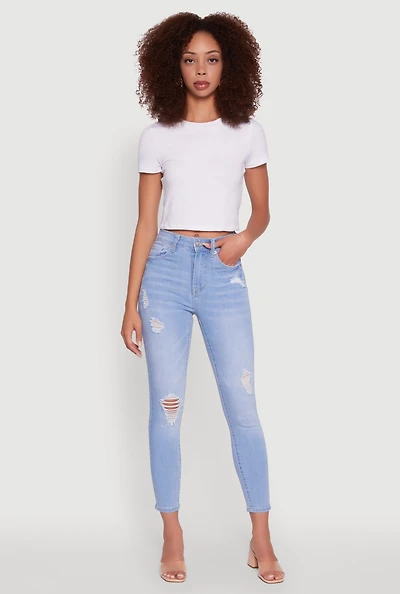 Womens WAX High Waisted Distressed Stretch Skinny Jeans, Blue,