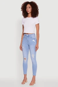 Womens WAX High Waisted Distressed Stretch Skinny Jeans, Blue,