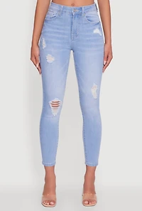 Womens WAX High Waisted Distressed Stretch Skinny Jeans, Blue,
