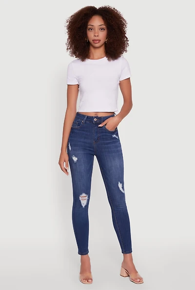 Womens WAX High Waisted Distressed Stretch Skinny Jeans, Blue,